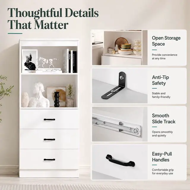 Alt view image 4 of 6 - 55.5" H 5-Tier Bookshelf with 3 Drawers, White Bookcase with 2-Tier Open Shelves, Tall Book Shelf with Storage Space, Wooden Storage Cabinet for Living Room, Office
