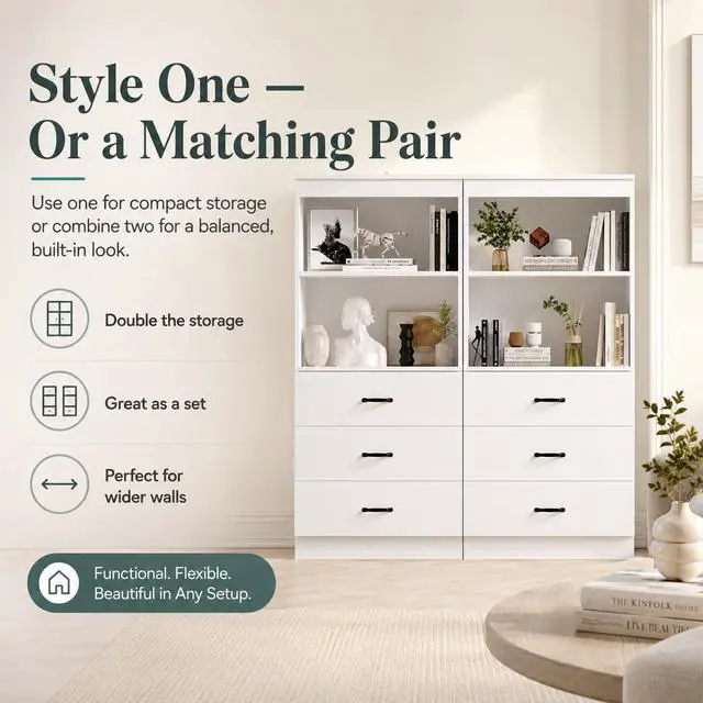Alt view image 5 of 6 - 55.5" H 5-Tier Bookshelf with 3 Drawers, White Bookcase with 2-Tier Open Shelves, Tall Book Shelf with Storage Space, Wooden Storage Cabinet for Living Room, Office
