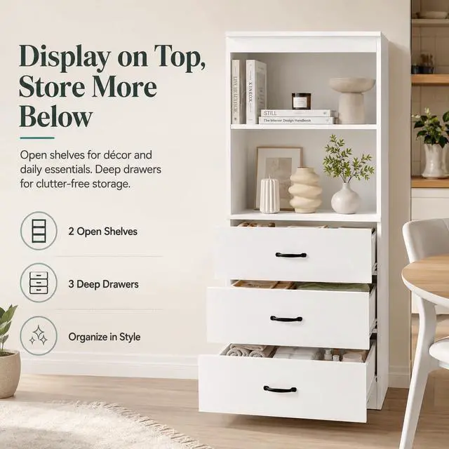 Alt view image 6 of 6 - 55.5" H 5-Tier Bookshelf with 3 Drawers, White Bookcase with 2-Tier Open Shelves, Tall Book Shelf with Storage Space, Wooden Storage Cabinet for Living Room, Office