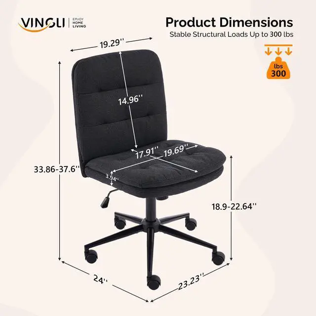 Alt view image 2 of 6 - Mid Back Armless Office Desk Chair with Wheels/no Wheels,360°Rocking Swivel Vanity Chair with Thickened Cushion,Adjustable Height Rolling for Reading Room, Make up, Linen Black