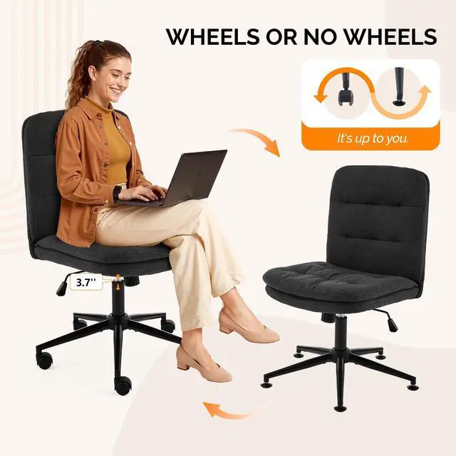 Alt view image 3 of 6 - Mid Back Armless Office Desk Chair with Wheels/no Wheels,360°Rocking Swivel Vanity Chair with Thickened Cushion,Adjustable Height Rolling for Reading Room, Make up, Linen Black