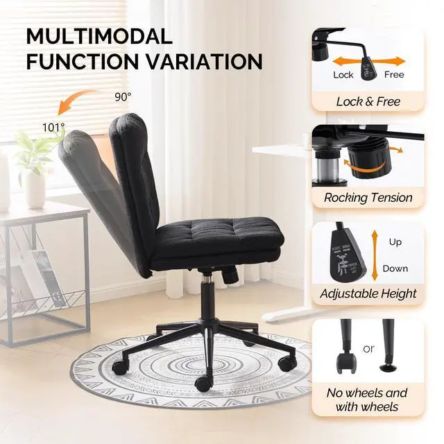 Alt view image 4 of 6 - Mid Back Armless Office Desk Chair with Wheels/no Wheels,360°Rocking Swivel Vanity Chair with Thickened Cushion,Adjustable Height Rolling for Reading Room, Make up, Linen Black