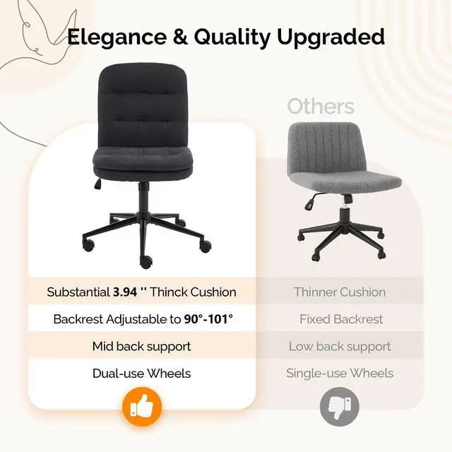 Alt view image 6 of 6 - Mid Back Armless Office Desk Chair with Wheels/no Wheels,360°Rocking Swivel Vanity Chair with Thickened Cushion,Adjustable Height Rolling for Reading Room, Make up, Linen Black