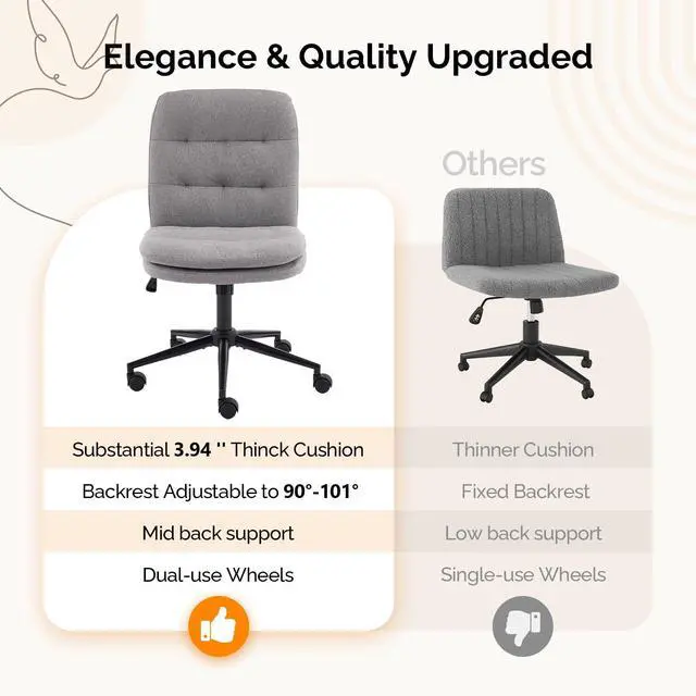 Alt view image 6 of 6 - Mid Back Armless Office Desk Chair with Wheels/no Wheels,360°Rocking Swivel Vanity Chair with Thickened Cushion,Adjustable Height Rolling for Reading Room, Make up, Linen Dark Grey