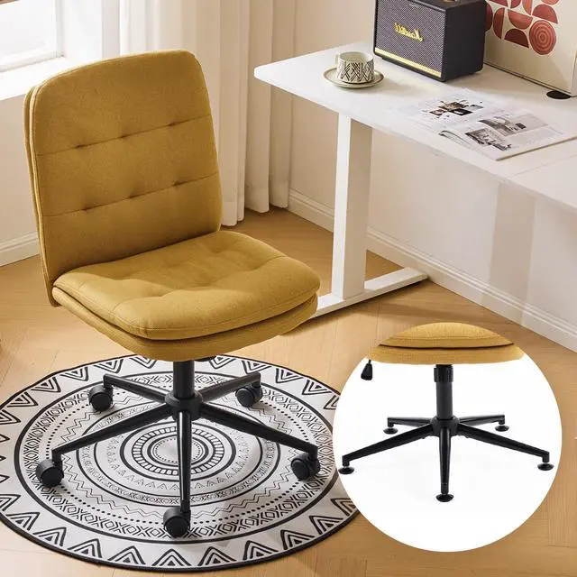 Main image of Mid Back Armless Office Desk Chair with Wheels/no Wheels,360°Rocking Swivel Vanity Chair with Thickened Cushion,Adjustable Height Rolling for Reading Room, Make up, Linen Ginger Yellow