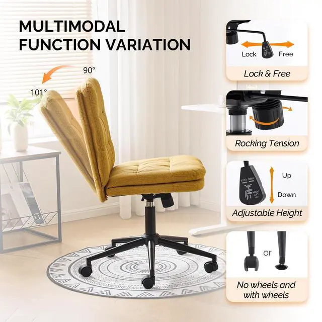 Alt view image 4 of 6 - Mid Back Armless Office Desk Chair with Wheels/no Wheels,360°Rocking Swivel Vanity Chair with Thickened Cushion,Adjustable Height Rolling for Reading Room, Make up, Linen Ginger Yellow