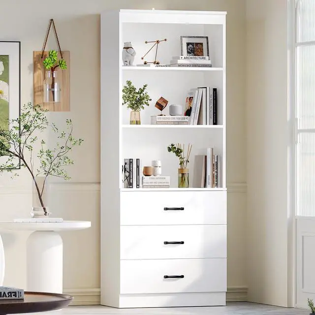Main image of 70" H 6-Tier Bookshelf with 3 Drawers, White Bookcase with 3-Tier Open Shelves, Tall Book Shelf with Storage Space, Wooden Storage Cabinet for Living Room, Office (White, 6-Tier)