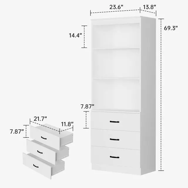 Alt view image 2 of 6 - 70" H 6-Tier Bookshelf with 3 Drawers, White Bookcase with 3-Tier Open Shelves, Tall Book Shelf with Storage Space, Wooden Storage Cabinet for Living Room, Office (White, 6-Tier)