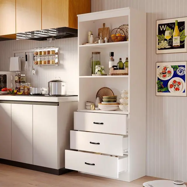 Alt view image 3 of 6 - 70" H 6-Tier Bookshelf with 3 Drawers, White Bookcase with 3-Tier Open Shelves, Tall Book Shelf with Storage Space, Wooden Storage Cabinet for Living Room, Office (White, 6-Tier)