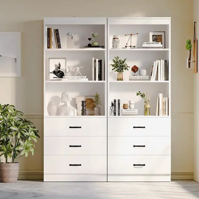 Alt view image 5 of 6 - 70" H 6-Tier Bookshelf with 3 Drawers, White Bookcase with 3-Tier Open Shelves, Tall Book Shelf with Storage Space, Wooden Storage Cabinet for Living Room, Office (White, 6-Tier)