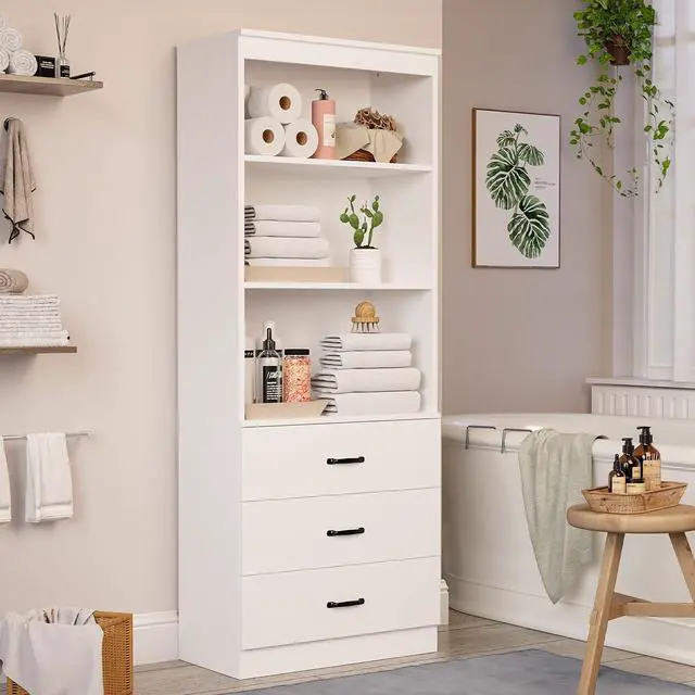 Alt view image 6 of 6 - 70" H 6-Tier Bookshelf with 3 Drawers, White Bookcase with 3-Tier Open Shelves, Tall Book Shelf with Storage Space, Wooden Storage Cabinet for Living Room, Office (White, 6-Tier)
