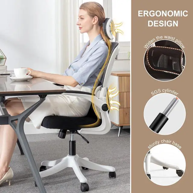 Alt view image 3 of 6 - Ergonomic Office Chair Computer Desk Chairs with Flip-up Armrests and Lumbar Support, High Back Mesh Gaming Chairs Rolling Work Swivel Task Chairs with Adjustable Headrest
