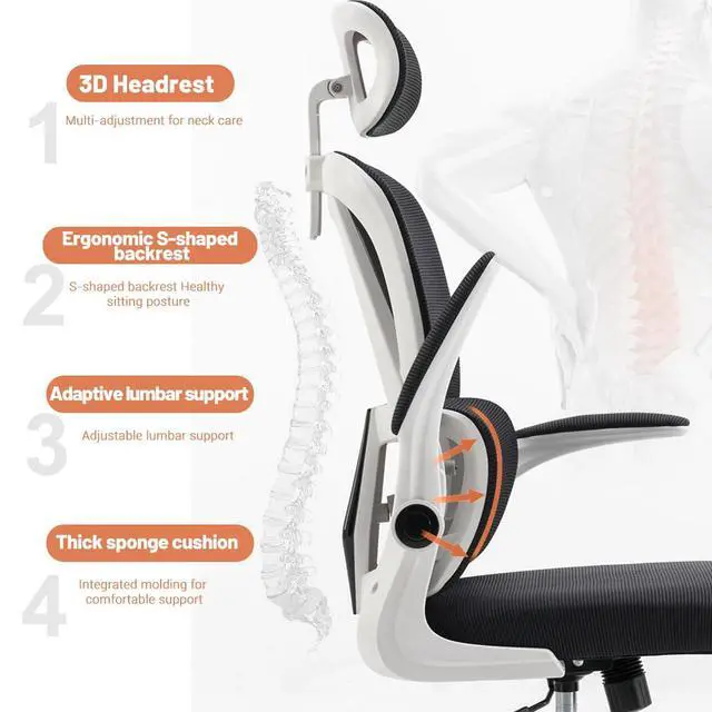 Alt view image 4 of 6 - Ergonomic Office Chair Computer Desk Chairs with Flip-up Armrests and Lumbar Support, High Back Mesh Gaming Chairs Rolling Work Swivel Task Chairs with Adjustable Headrest