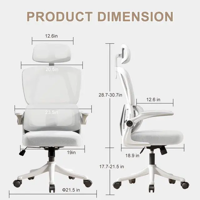Alt view image 2 of 6 - Ergonomic Office Chair Computer Desk Chairs with Flip-up Armrests and Lumbar Support, High Back Mesh Gaming Chairs Rolling Work Swivel Task Chairs with Adjustable Headrest