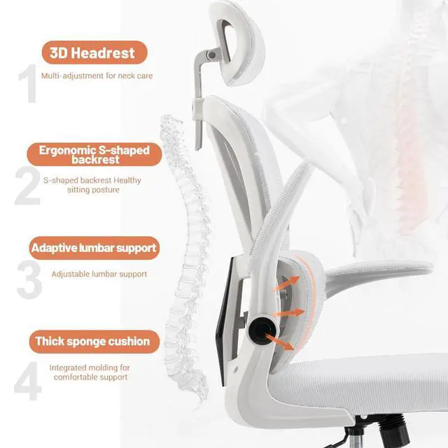 Alt view image 4 of 6 - Ergonomic Office Chair Computer Desk Chairs with Flip-up Armrests and Lumbar Support, High Back Mesh Gaming Chairs Rolling Work Swivel Task Chairs with Adjustable Headrest