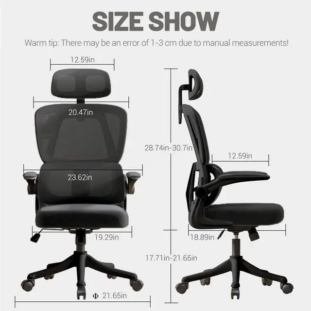Alt view image 2 of 6 - Ergonomic Office Chair Computer Desk Chairs with Flip-up Armrests and Lumbar Support, High Back Mesh Gaming Chairs Rolling Work Swivel Task Chairs with Adjustable Headrest