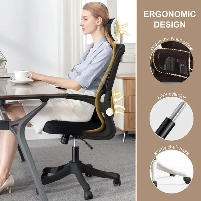 Alt view image 3 of 6 - Ergonomic Office Chair Computer Desk Chairs with Flip-up Armrests and Lumbar Support, High Back Mesh Gaming Chairs Rolling Work Swivel Task Chairs with Adjustable Headrest