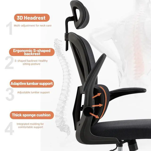 Alt view image 4 of 6 - Ergonomic Office Chair Computer Desk Chairs with Flip-up Armrests and Lumbar Support, High Back Mesh Gaming Chairs Rolling Work Swivel Task Chairs with Adjustable Headrest