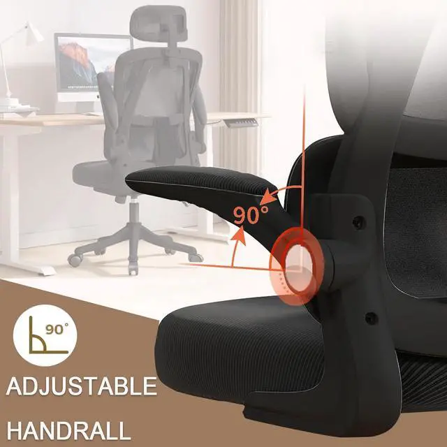 Alt view image 6 of 6 - Ergonomic Office Chair Computer Desk Chairs with Flip-up Armrests and Lumbar Support, High Back Mesh Gaming Chairs Rolling Work Swivel Task Chairs with Adjustable Headrest