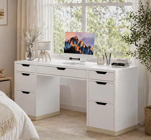 Main image of White Desk with Drawers, Office Desk with Storage for Bedroom, Small Computer Desk for Writing Work Study, Small Spaces