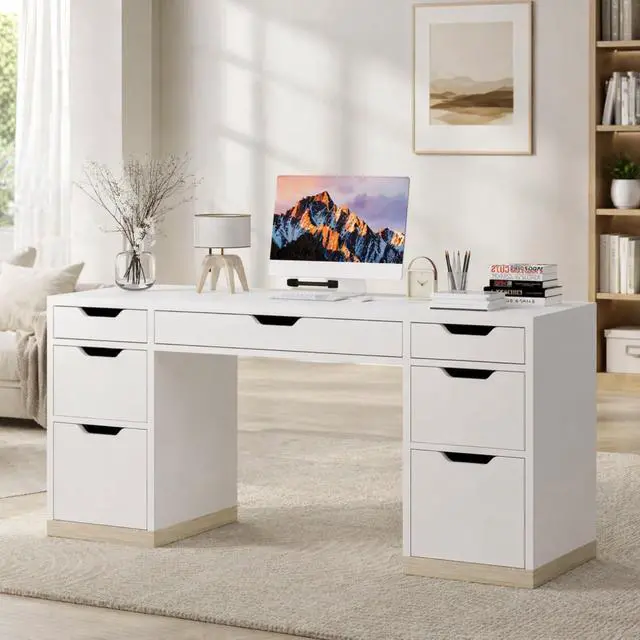 Alt view image 3 of 6 - White Desk with Drawers, Office Desk with Storage for Bedroom, Small Computer Desk for Writing Work Study, Small Spaces