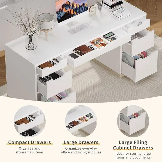 Alt view image 5 of 6 - White Desk with Drawers, Office Desk with Storage for Bedroom, Small Computer Desk for Writing Work Study, Small Spaces