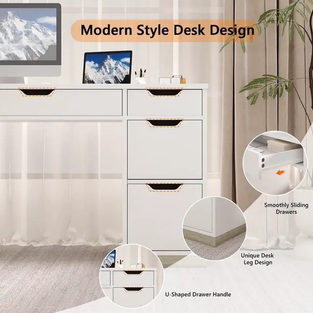 Alt view image 6 of 6 - White Desk with Drawers, Office Desk with Storage for Bedroom, Small Computer Desk for Writing Work Study, Small Spaces