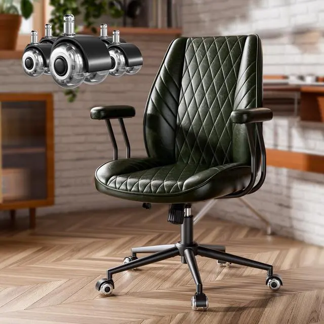 Main image of Green Leather Office Desk Chair with Quiet Rubber Wheels, Height Adjustable, Padded Arms, Vintage Mid Century Office Chair, Retro Style Desk Chair