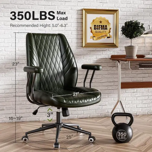 Alt view image 2 of 6 - Green Leather Office Desk Chair with Quiet Rubber Wheels, Height Adjustable, Padded Arms, Vintage Mid Century Office Chair, Retro Style Desk Chair