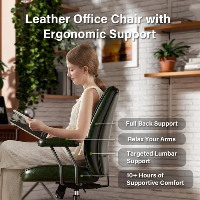 Alt view image 5 of 6 - Green Leather Office Desk Chair with Quiet Rubber Wheels, Height Adjustable, Padded Arms, Vintage Mid Century Office Chair, Retro Style Desk Chair
