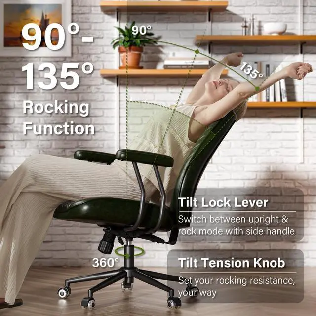 Alt view image 6 of 6 - Green Leather Office Desk Chair with Quiet Rubber Wheels, Height Adjustable, Padded Arms, Vintage Mid Century Office Chair, Retro Style Desk Chair