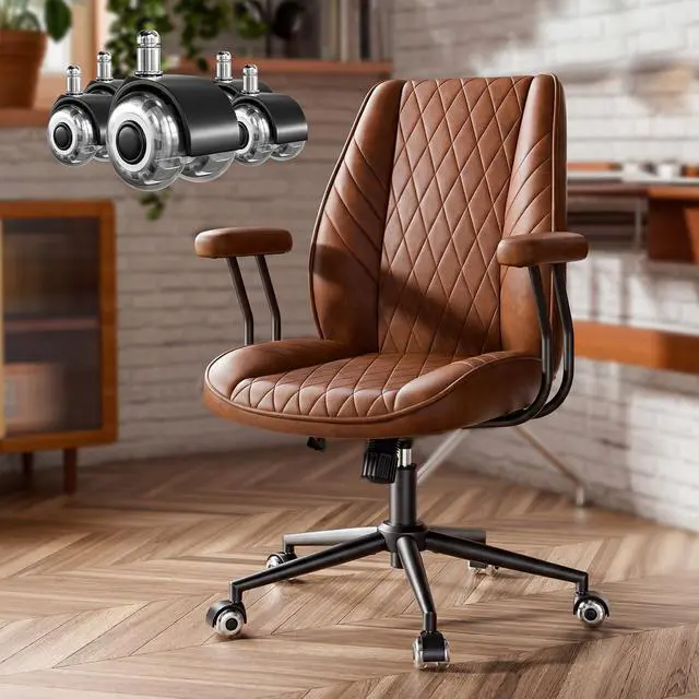 Main image of Brown Leather Office Desk Chair with Quiet Rubber Wheels, Height Adjustable, Padded Arms, Vintage Mid Century Office Chair, Retro Style Desk Chair
