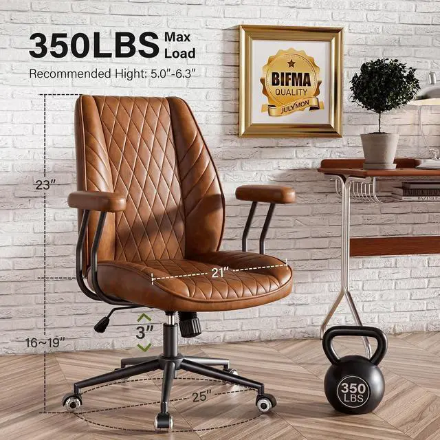 Alt view image 2 of 6 - Brown Leather Office Desk Chair with Quiet Rubber Wheels, Height Adjustable, Padded Arms, Vintage Mid Century Office Chair, Retro Style Desk Chair