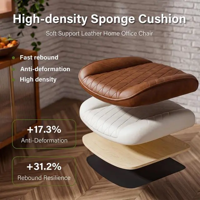 Alt view image 5 of 6 - Brown Leather Office Desk Chair with Quiet Rubber Wheels, Height Adjustable, Padded Arms, Vintage Mid Century Office Chair, Retro Style Desk Chair
