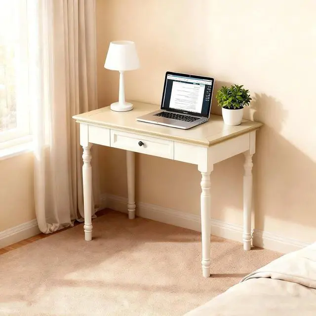 Main image of Beige Writing Desk with Drawer, 35" Solid Wood French Country Style Computer Desk for Home Office, Living Room Study or Workspace