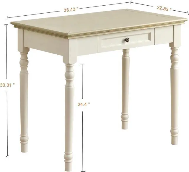 Alt view image 2 of 6 - Beige Writing Desk with Drawer, 35" Solid Wood French Country Style Computer Desk for Home Office, Living Room Study or Workspace