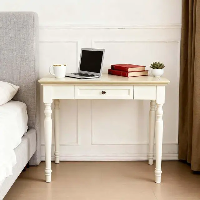 Alt view image 3 of 6 - Beige Writing Desk with Drawer, 35" Solid Wood French Country Style Computer Desk for Home Office, Living Room Study or Workspace
