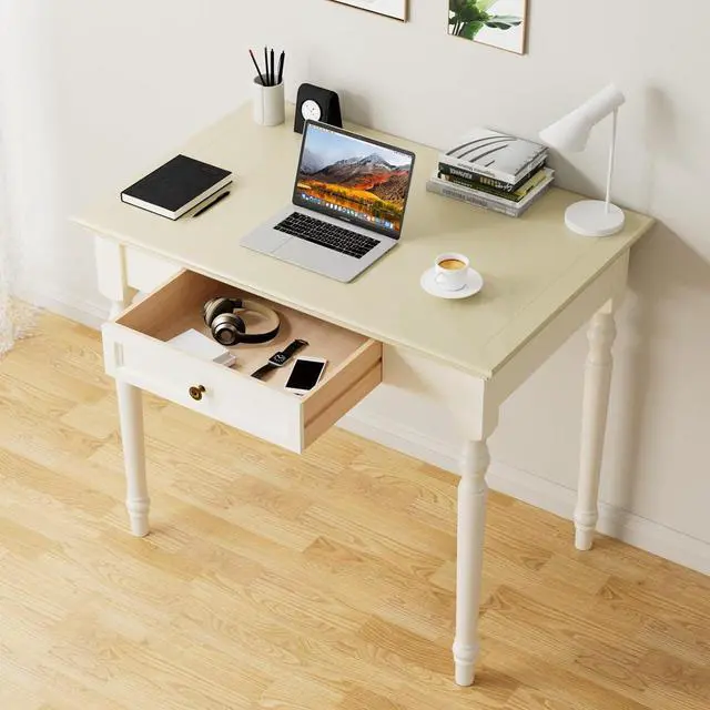 Alt view image 4 of 6 - Beige Writing Desk with Drawer, 35" Solid Wood French Country Style Computer Desk for Home Office, Living Room Study or Workspace
