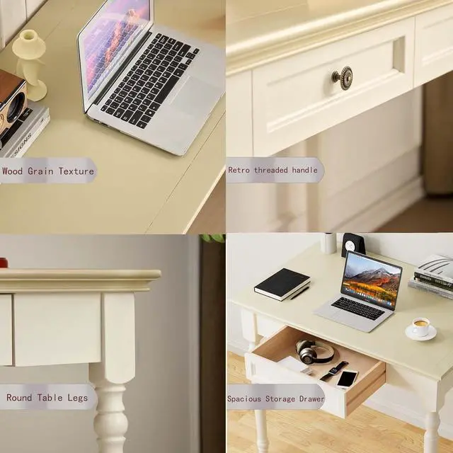 Alt view image 5 of 6 - Beige Writing Desk with Drawer, 35" Solid Wood French Country Style Computer Desk for Home Office, Living Room Study or Workspace
