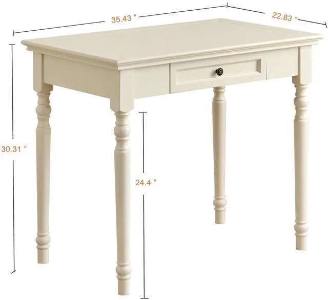 Alt view image 2 of 6 - White Writing Desks with Drawers, 35" Solid Wood French Country Style Computer Desk for Home Office, Living Room Study or Workspace