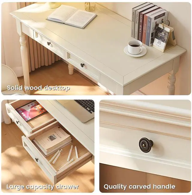Alt view image 4 of 6 - White Writing Desks with Drawers, 35" Solid Wood French Country Style Computer Desk for Home Office, Living Room Study or Workspace