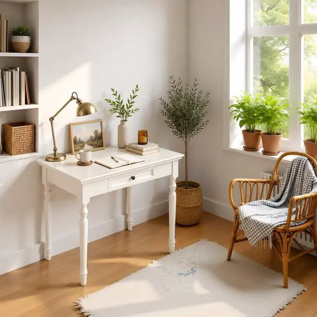 Alt view image 5 of 6 - White Writing Desks with Drawers, 35" Solid Wood French Country Style Computer Desk for Home Office, Living Room Study or Workspace