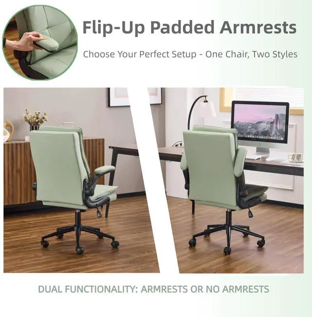 Alt view image 5 of 6 - Comfy Green Leather Office Desk Chair, High-Back Support Ergonomic Computer Task Gaming Chair,with Removable wheels,360° Swivel,Adjustable Height,Flip-Up Arms,for Adults,Teen,Vanity,Home Office