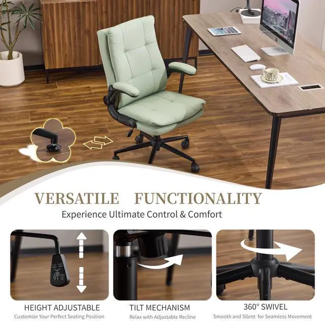 Alt view image 6 of 6 - Comfy Green Leather Office Desk Chair, High-Back Support Ergonomic Computer Task Gaming Chair,with Removable wheels,360° Swivel,Adjustable Height,Flip-Up Arms,for Adults,Teen,Vanity,Home Office