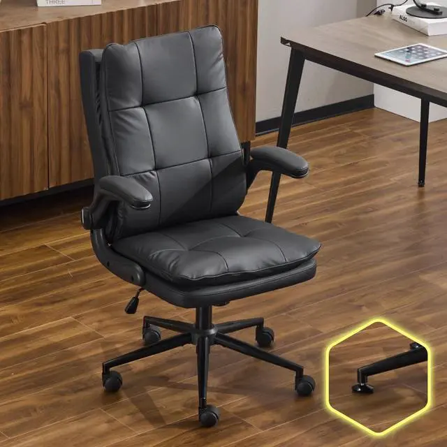 Main image of Comfy Black Leather Office Desk Chair,Ergonomic High-Back Support Computer Gaming Chair with/No Wheels,Dual-Base,Adjustable Height,Flip-Up Arms,360° Swivel Rolling Task Chair for Home Office