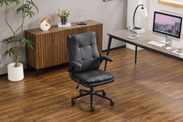 Alt view image 2 of 6 - Comfy Black Leather Office Desk Chair,Ergonomic High-Back Support Computer Gaming Chair with/No Wheels,Dual-Base,Adjustable Height,Flip-Up Arms,360° Swivel Rolling Task Chair for Home Office
