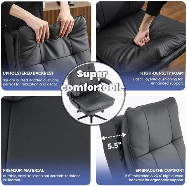 Alt view image 3 of 6 - Comfy Black Leather Office Desk Chair,Ergonomic High-Back Support Computer Gaming Chair with/No Wheels,Dual-Base,Adjustable Height,Flip-Up Arms,360° Swivel Rolling Task Chair for Home Office
