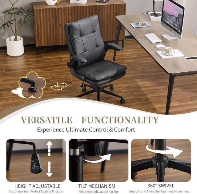 Alt view image 4 of 6 - Comfy Black Leather Office Desk Chair,Ergonomic High-Back Support Computer Gaming Chair with/No Wheels,Dual-Base,Adjustable Height,Flip-Up Arms,360° Swivel Rolling Task Chair for Home Office