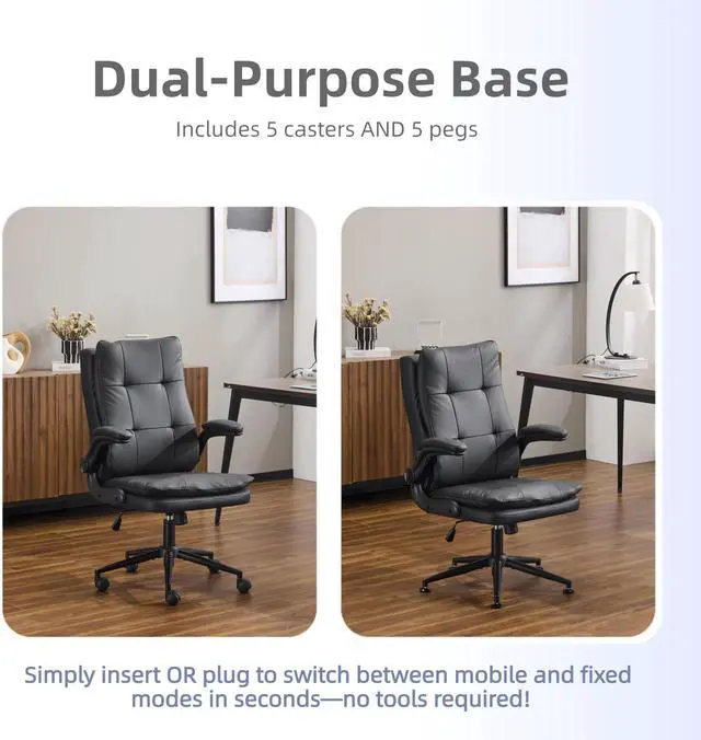 Alt view image 5 of 6 - Comfy Black Leather Office Desk Chair,Ergonomic High-Back Support Computer Gaming Chair with/No Wheels,Dual-Base,Adjustable Height,Flip-Up Arms,360° Swivel Rolling Task Chair for Home Office