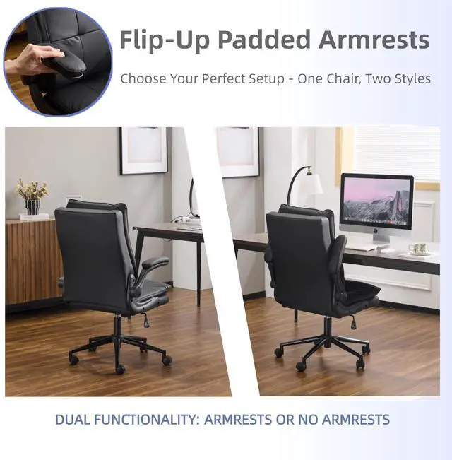 Alt view image 6 of 6 - Comfy Black Leather Office Desk Chair,Ergonomic High-Back Support Computer Gaming Chair with/No Wheels,Dual-Base,Adjustable Height,Flip-Up Arms,360° Swivel Rolling Task Chair for Home Office